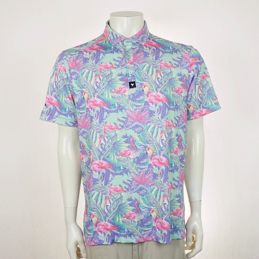 Bad Birdie Mingos Golf Polo Shirt Mens Large Purple Floral Flamingo Performance